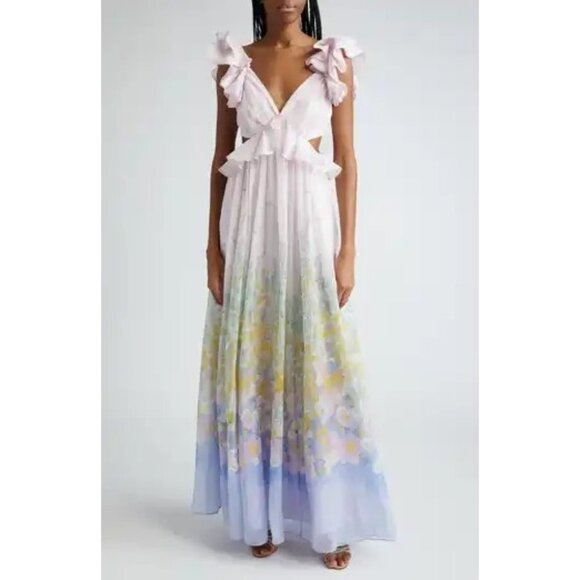 NWT ZIMMERMANN Floral Ruffle Linen & Silk maxi cutout gown DRESS SIZE 1/ S - Picture 1 of 12